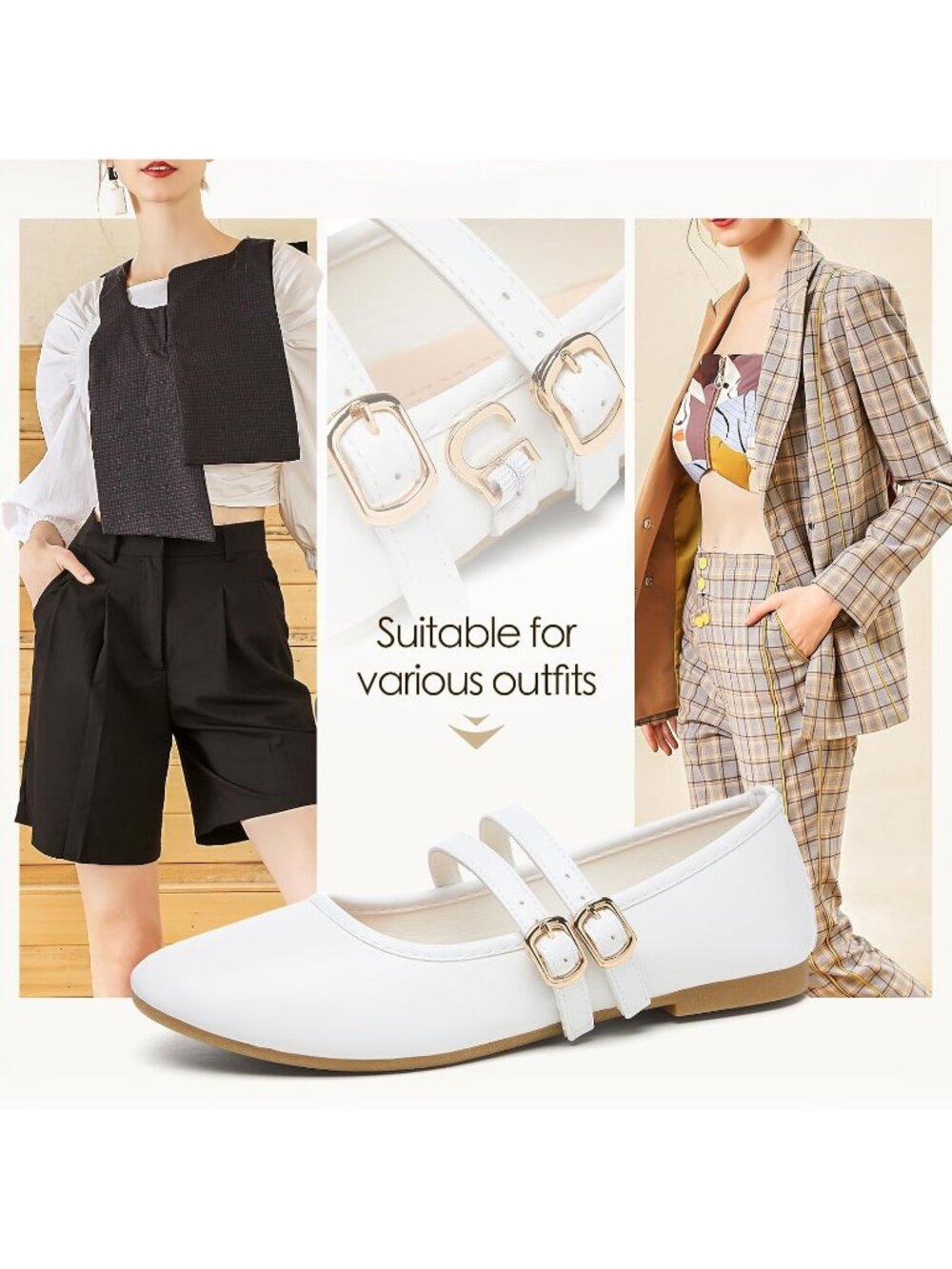 Women's White Faux Leather Round Toe Adjustable Buckle Strap Flats Slip On Shoes - Picture 6 of 6